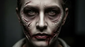 Close-up of a woman's face with Zombie Makeup