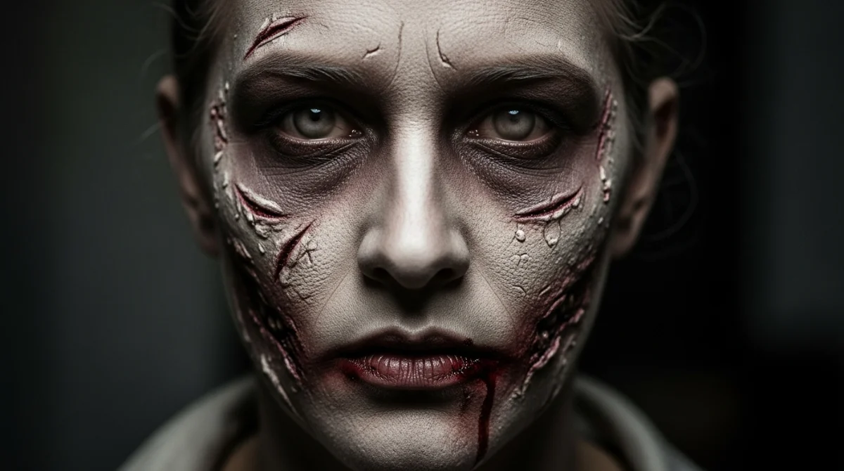 Close-up of a woman's face with Zombie Makeup