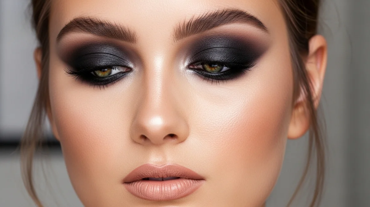 Close-up of face with smokey eye makeup.