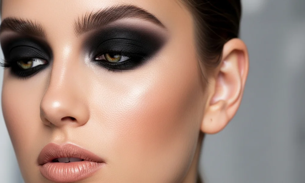 Close-up of woman with bold black eye makeup.