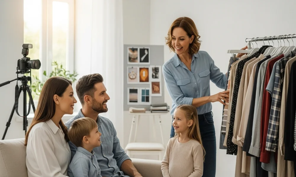 Photographer advising family on outfits before photoshoot