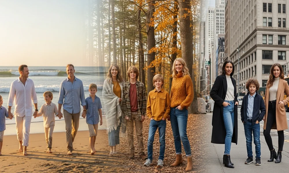 Families in coordinated outfits for different U.S. photoshoot locations