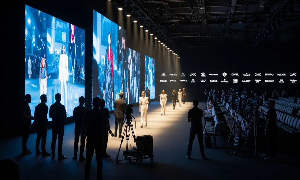 Fashion show with models on runway and screens