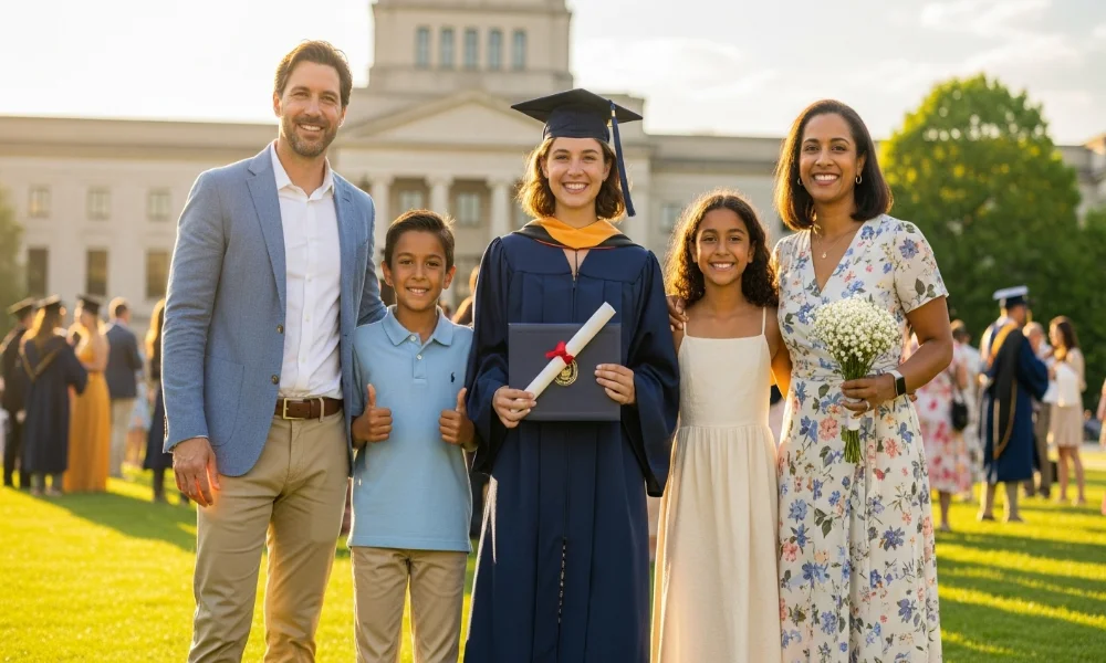 Graduate with family celebrating at commencement ceremony.