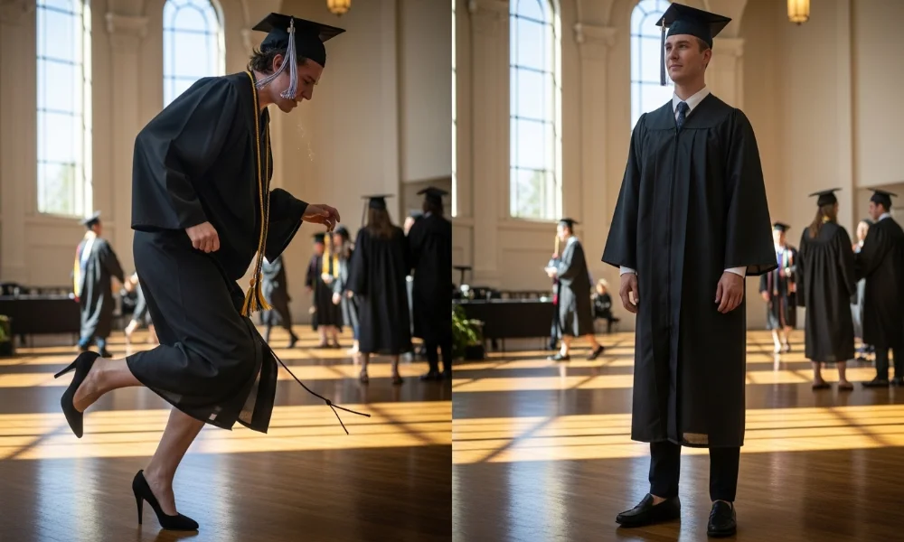 Graduates in cap and gown at ceremony, one dancing joyfully.