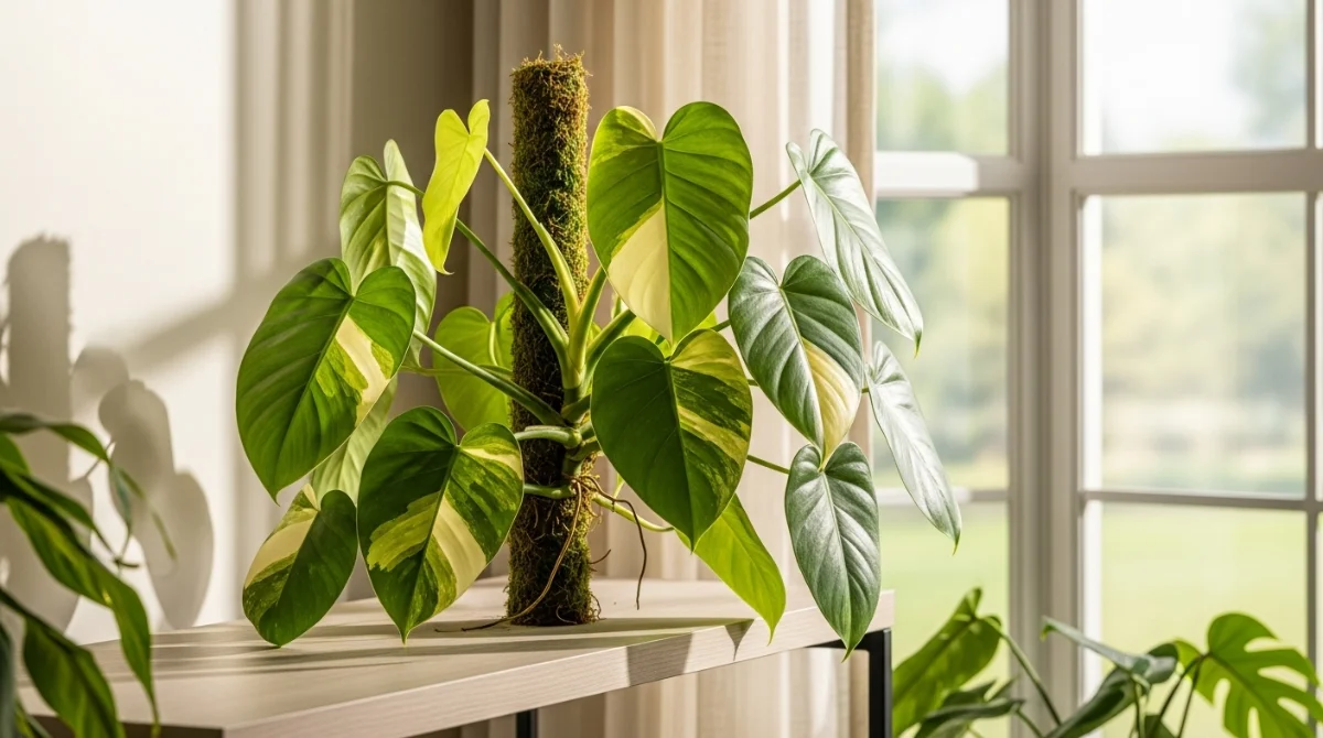 Philodendron Florida Beauty with variegated leaves near a window
