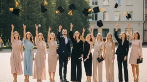 Group of graduates tossing caps in celebration.