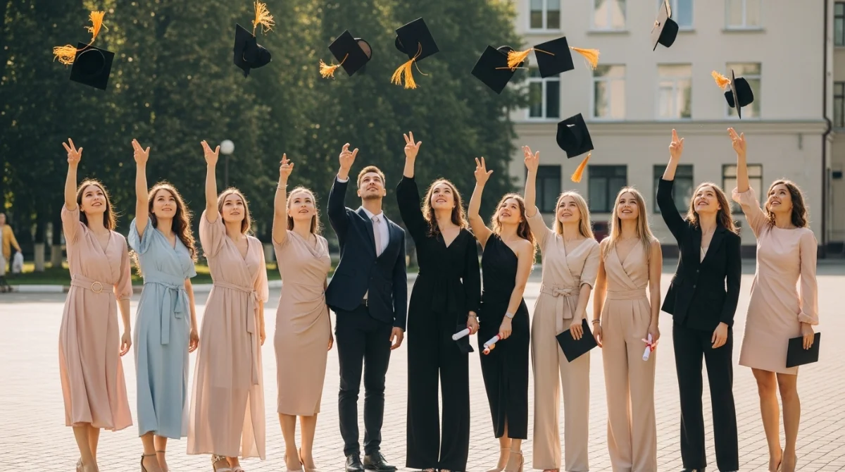 Group of graduates tossing caps in celebration.