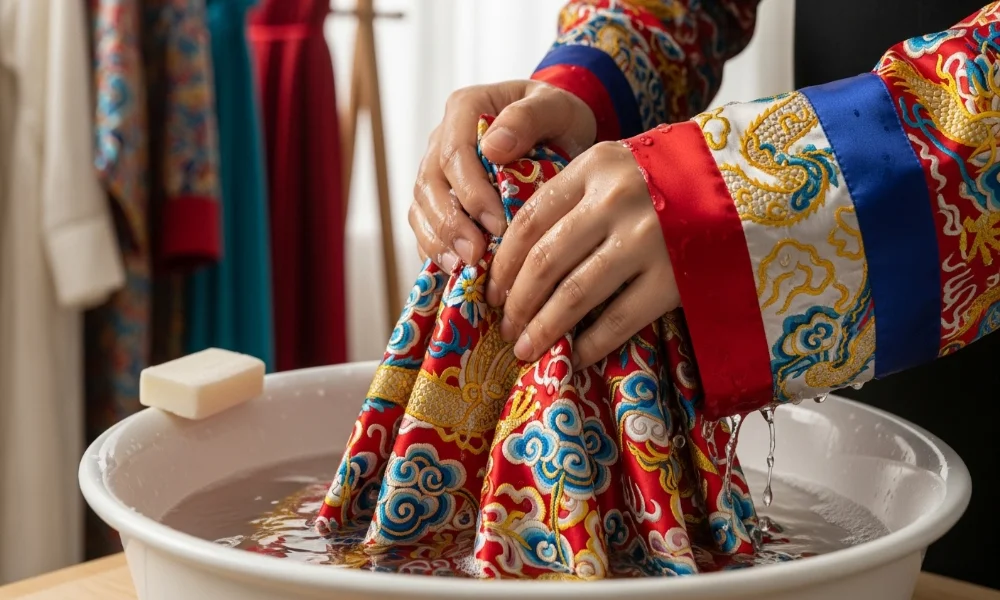 Hands washing ornate red fabric in bowl.