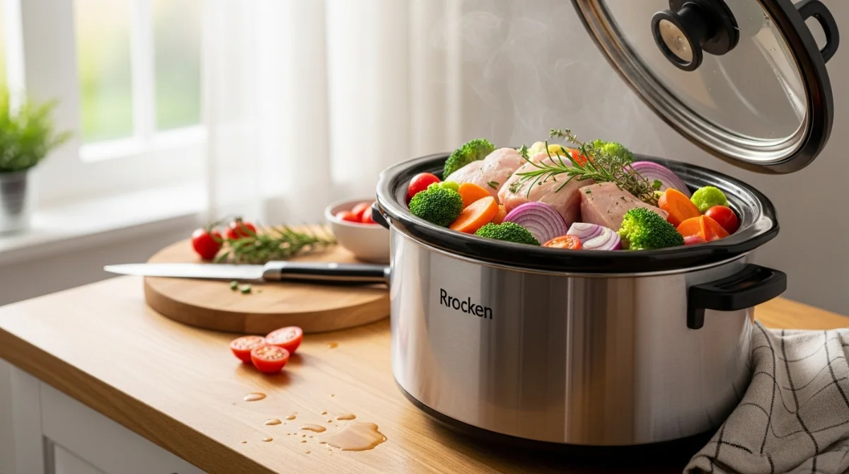 Healthy crockpot meal on kitchen counter