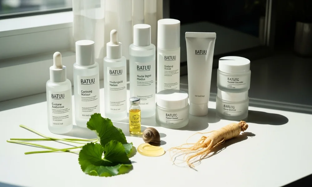 korean Skincare products arranged on a sunny windowsill 