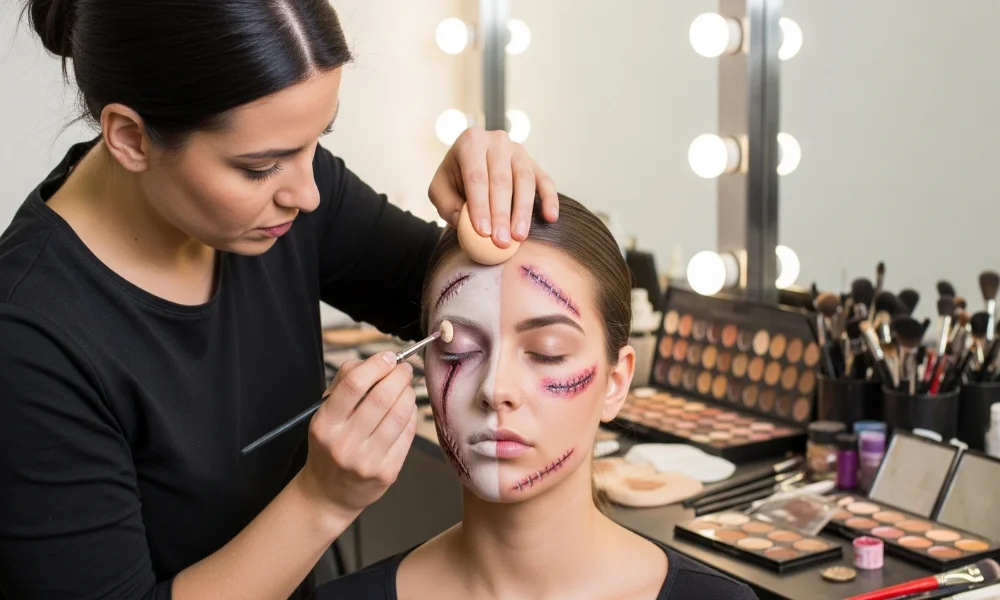 Makeup artist applying special Zombie effects makeup.