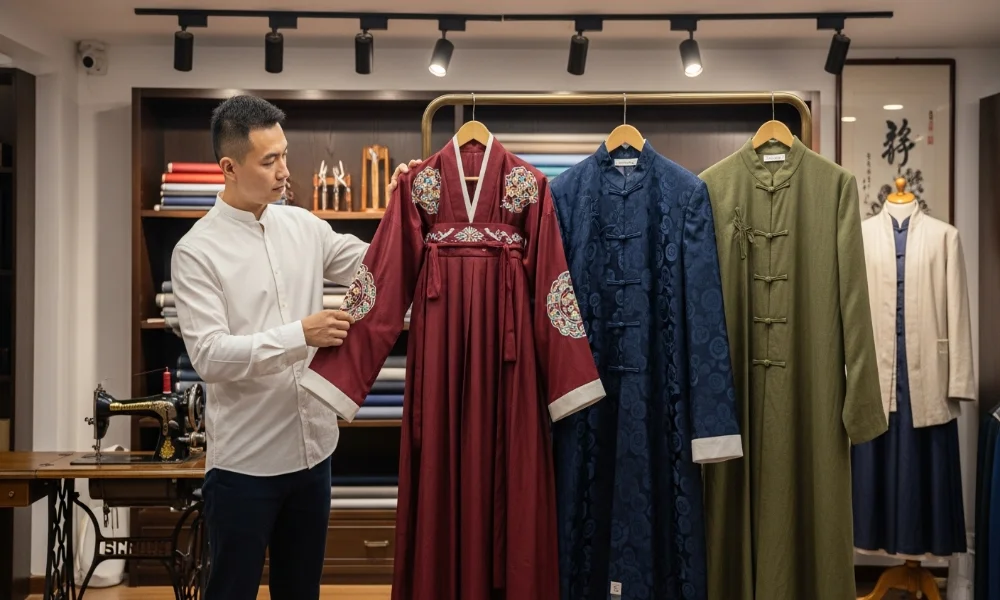 Man examining traditional red robe in clothing store.