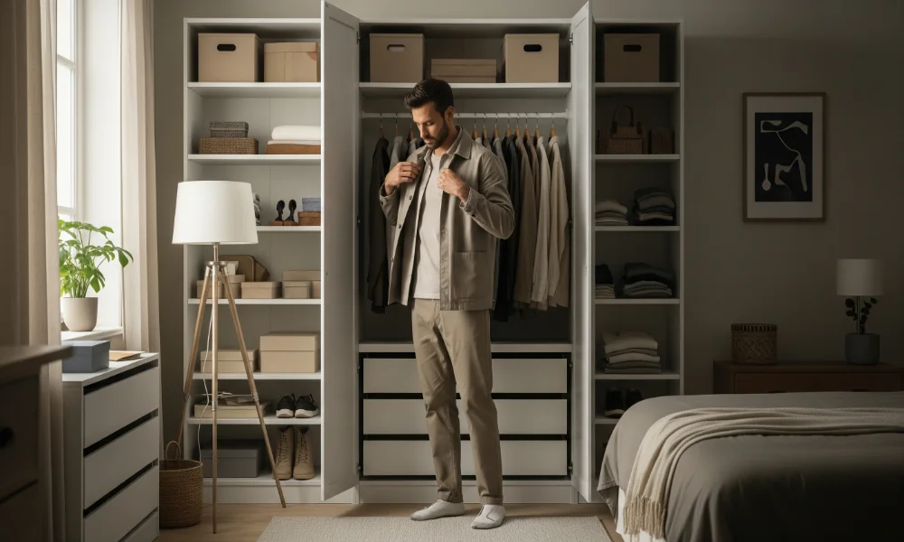 Man organizing clothes in a modern bedroom.
