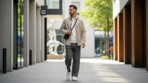 Man walking outdoors in casual menswear trends.