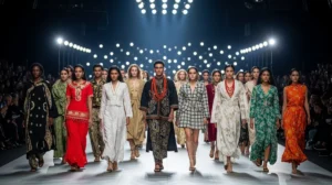 Models in diverse patterned clothing on runway