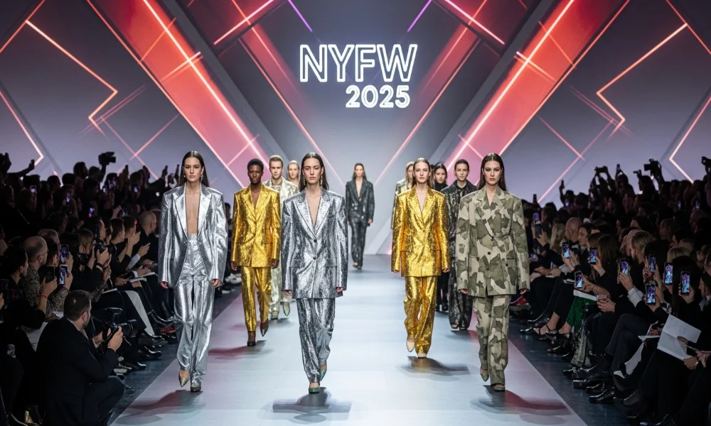 Models in metallic suits on NYFW 2025 runway