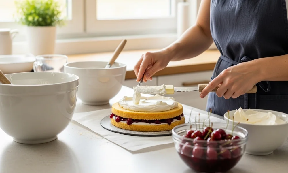 Person frosting a cherry cake in a kitchen