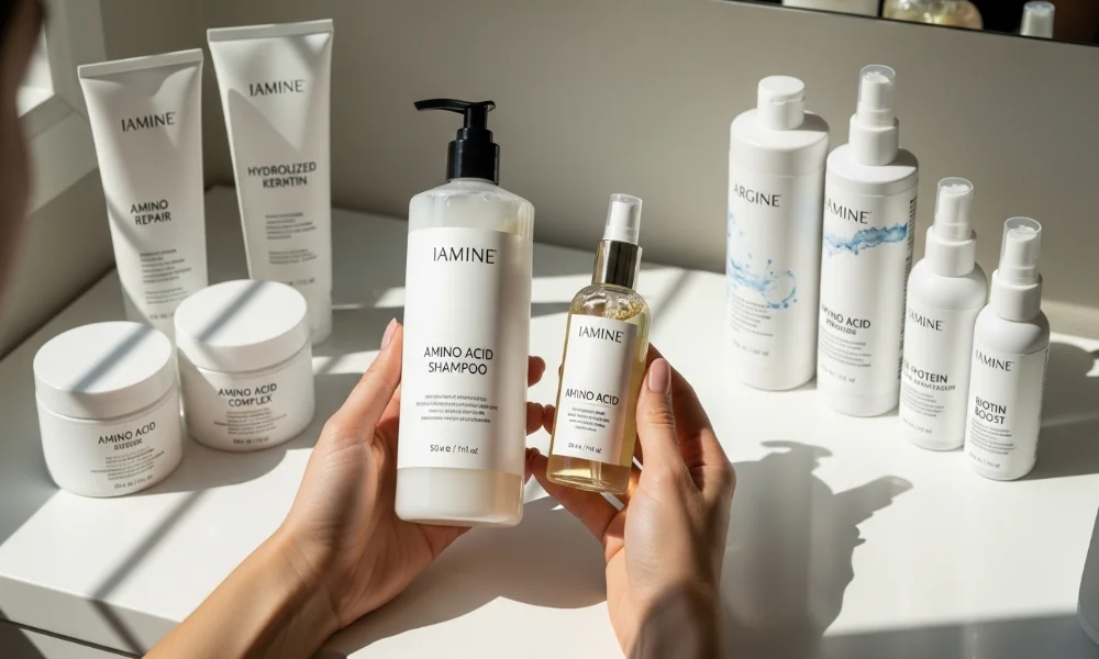 Person holding amino acid shampoo and conditioner 