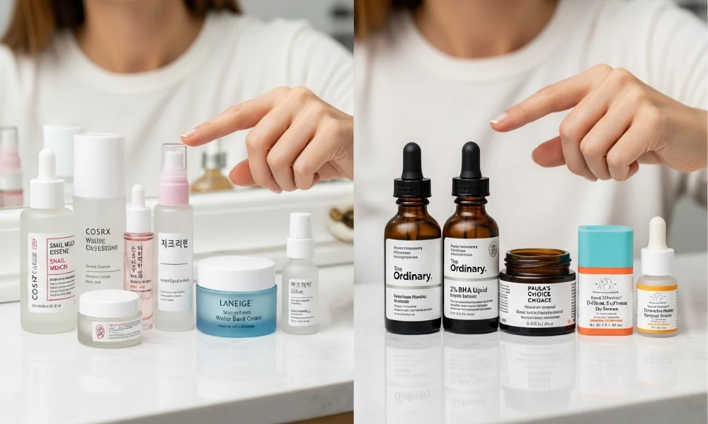 Person pointing at skincare products on a table.
