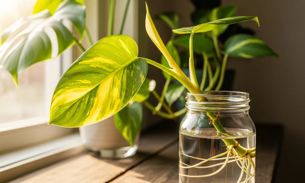Plant propagation in water jar with roots growing.