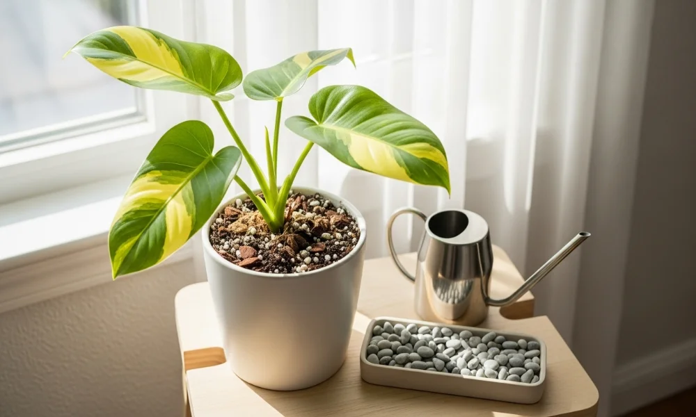 Potted plant with watering can and pebbles near window.