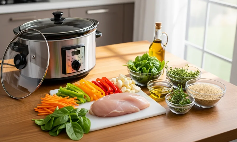 Slow cooker with ingredients for cooking