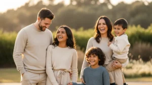 Smiling family posing in coordinated neutral outfits outdoors