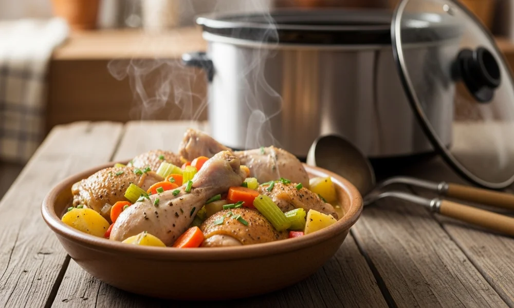 Steaming chicken stew with vegetables in a bowl