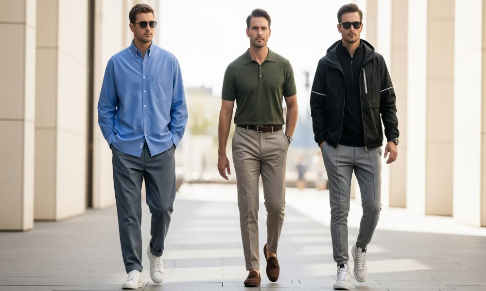 Three men walking in stylish casual outfits.