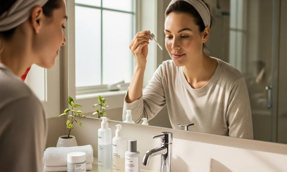 Woman applying skincare serum in bathroom.