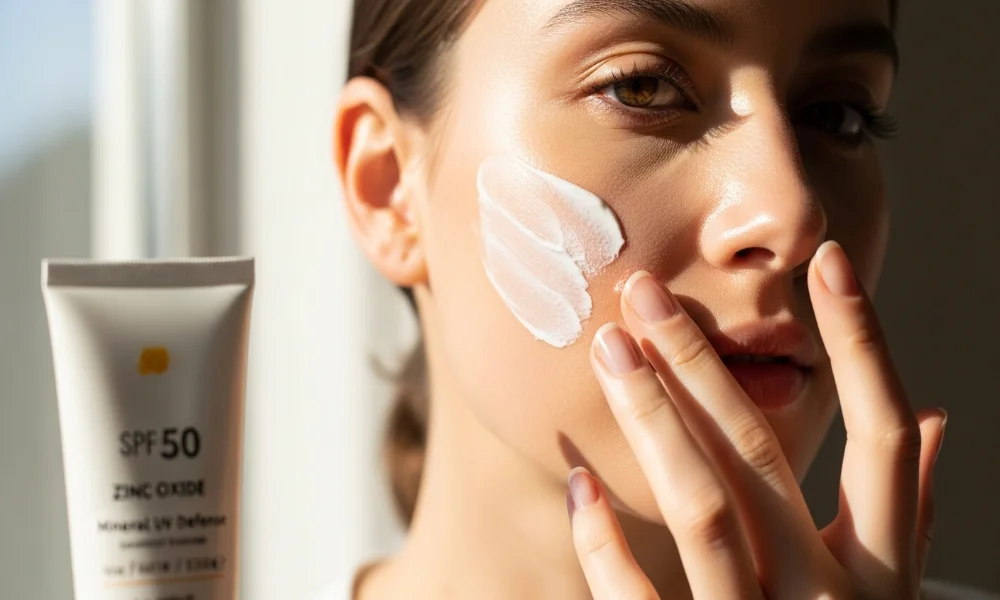 woman applying sunscreen on her face
