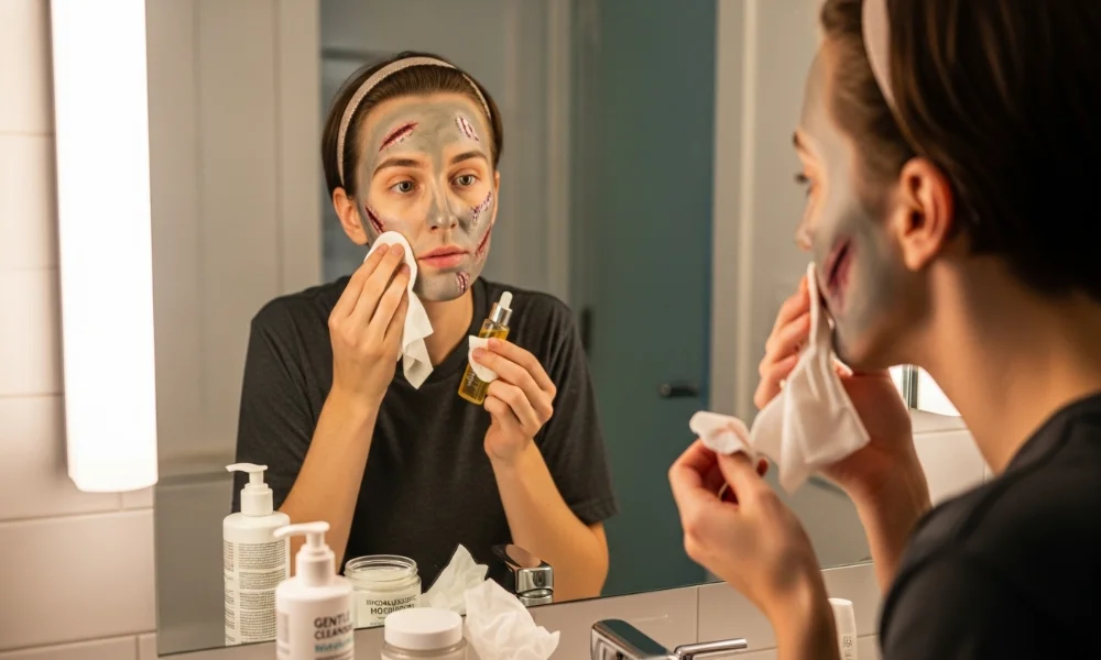 woman applying Zombie Makeup in bathroom