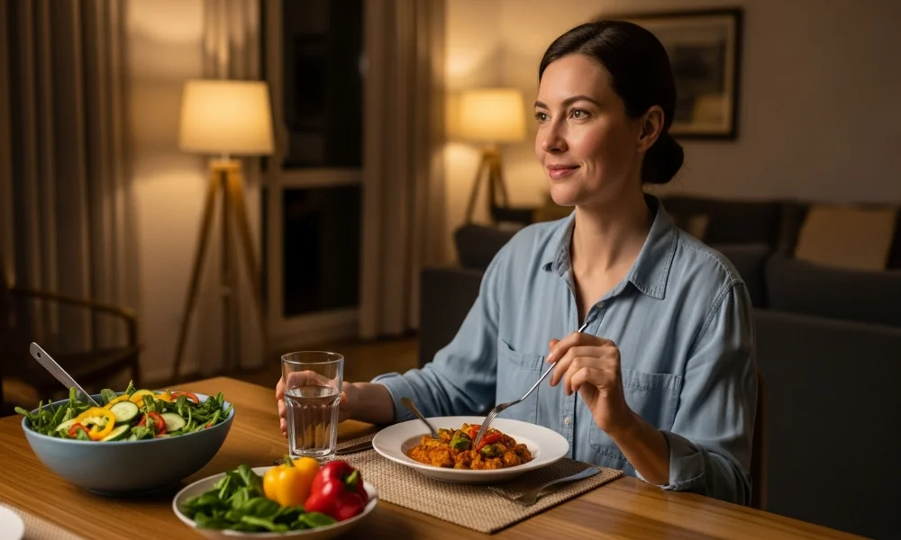 woman enjoying a healthy meal at a cozy table