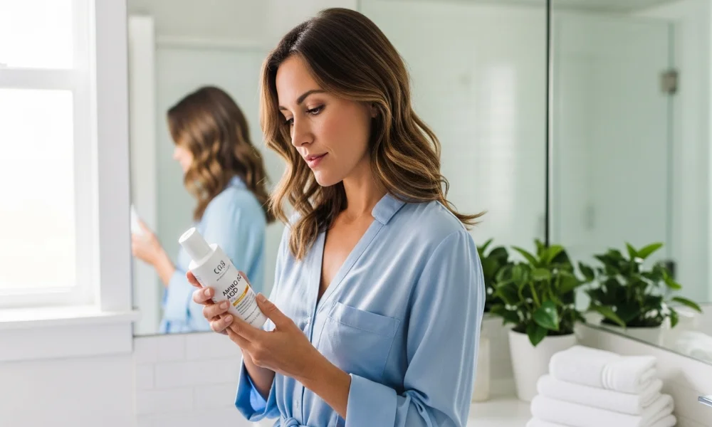 Woman reading a bottle label in a bright bathroom