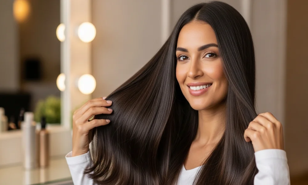 Woman smiling and showcasing long, shiny hair.