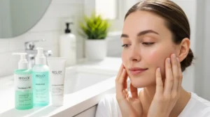 woman touching face near skincare products
