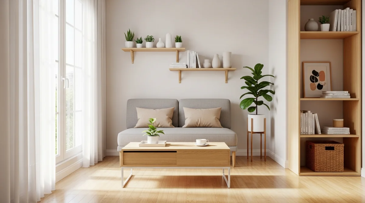 Bright living room with light wood furniture