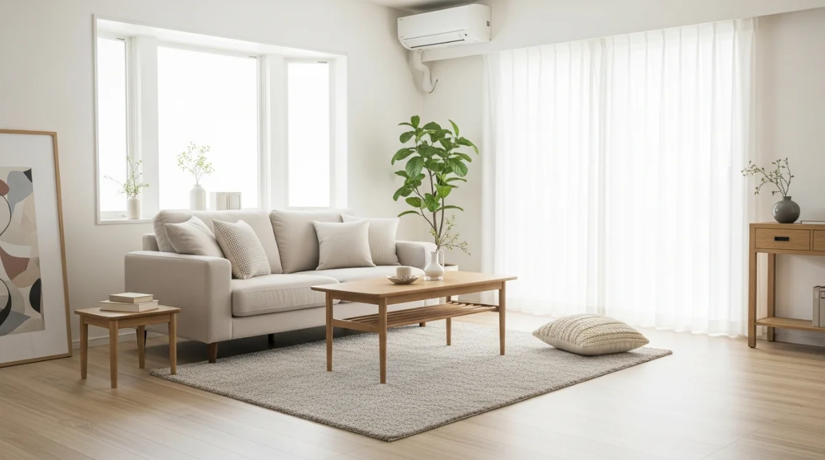 Bright, minimalist living room with light furniture