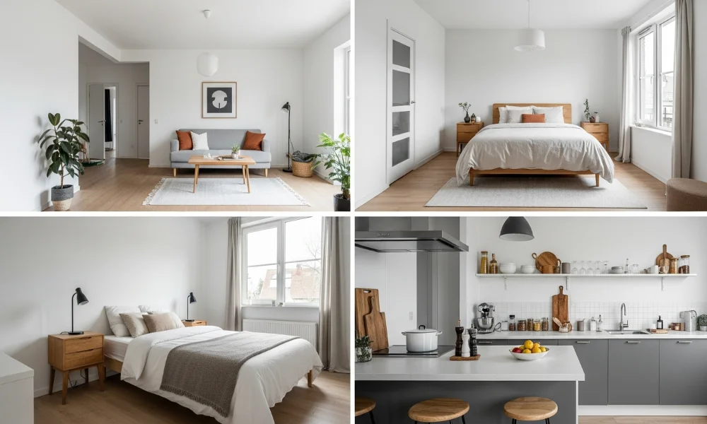 Collage of a modern apartment's living room, bedrooms, and kitchen
