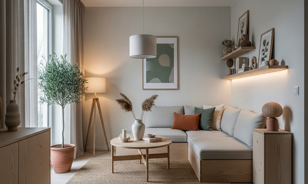 Cozy living room with neutral tones and wood accents