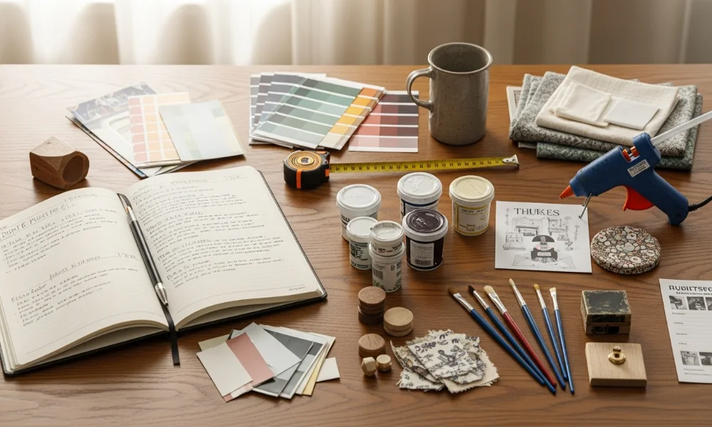 Crafting supplies on a wooden table