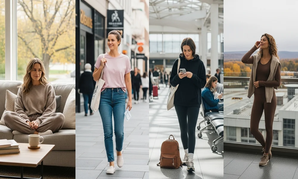 Four women in casual outfits in different settings