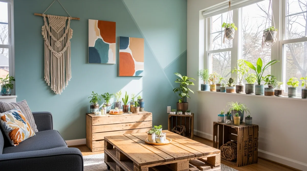 Living room with plants, macrame, and art