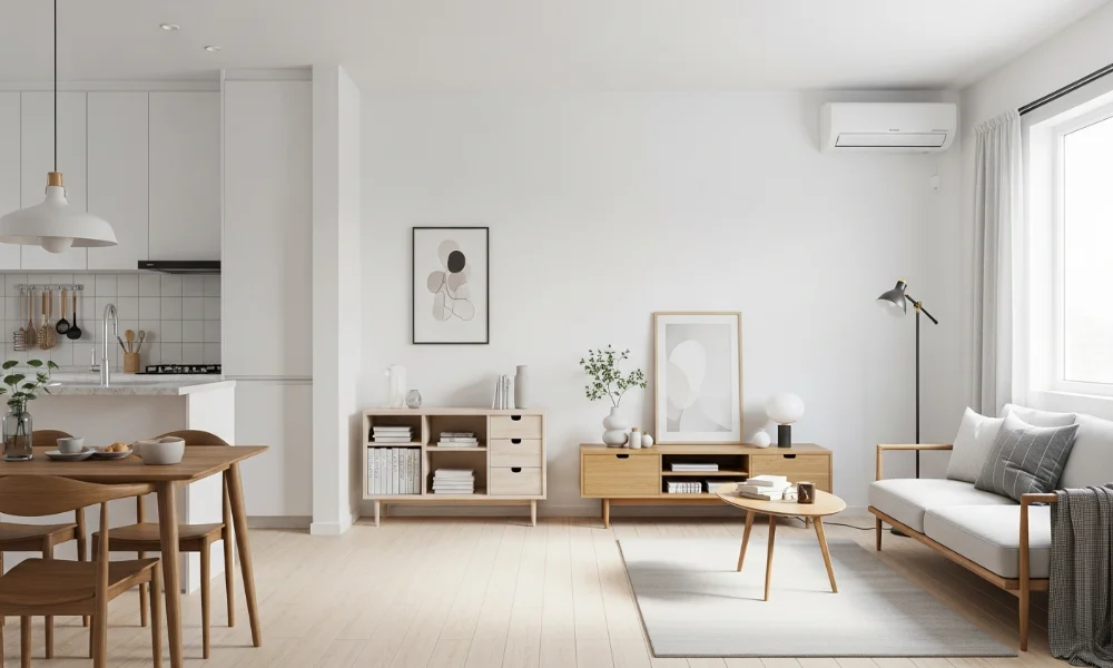 Minimalist open-plan kitchen, dining, living room