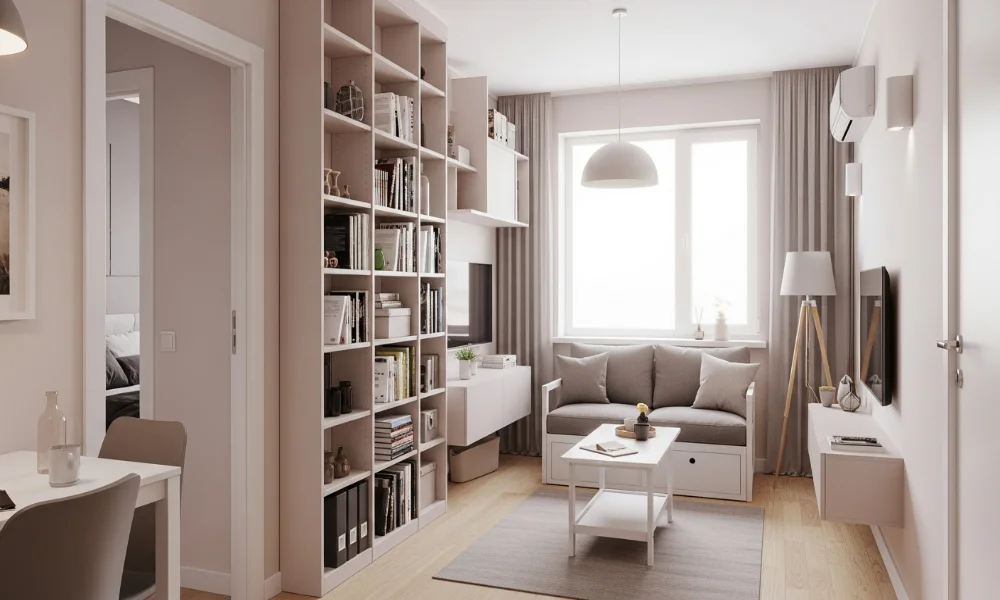 Modern apartment with open concept living room, dining area, and bedroom