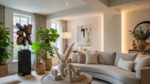 Modern living room with curved sofa, plants, and abstract art