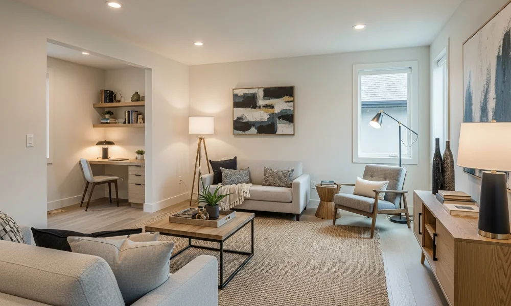 Modern living room with desk nook