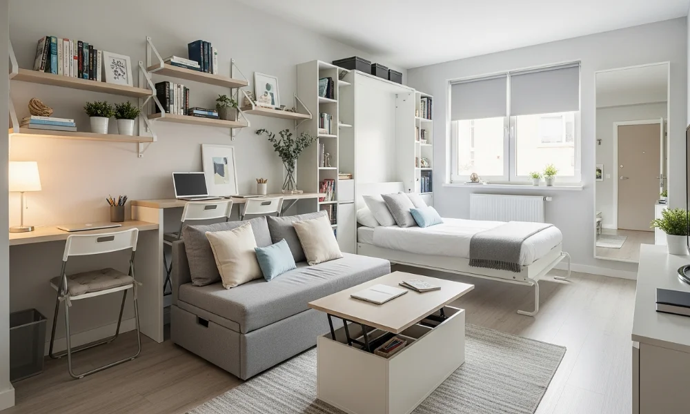 Modern studio apartment with bed, sofa, desks