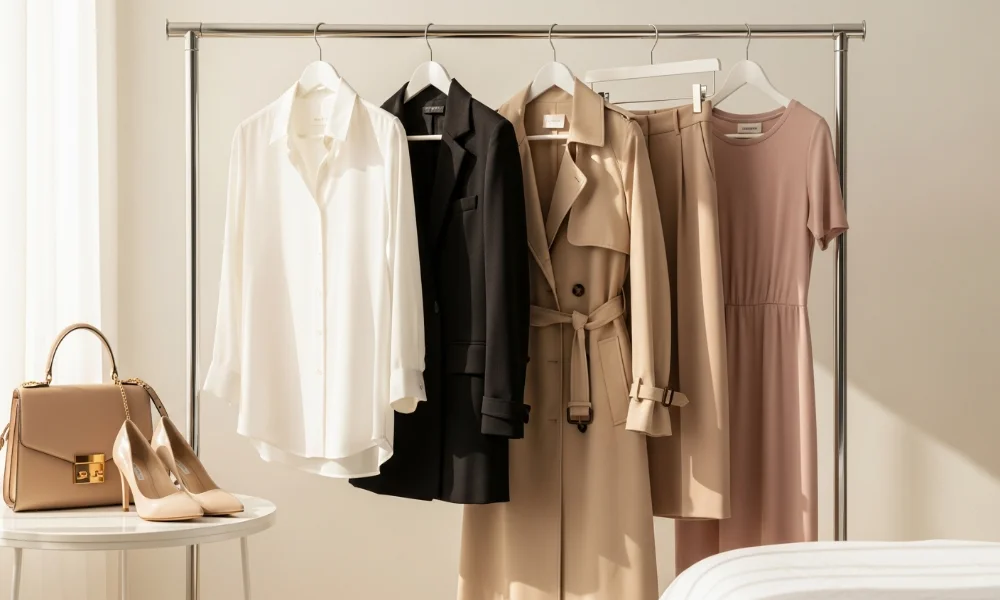 Neutral-toned clothes on rack, bag, and heels